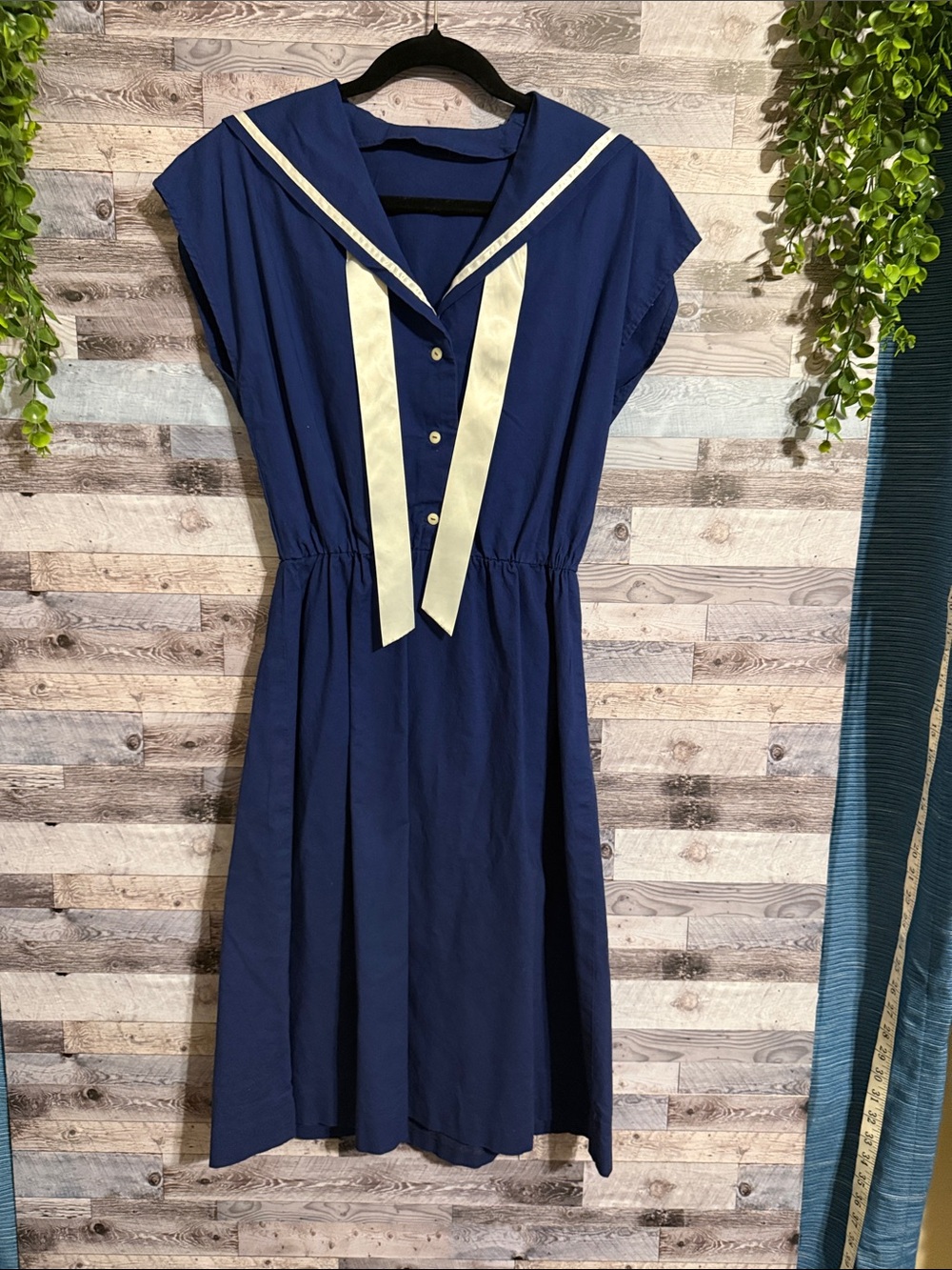 Navy Sailor Collar Midi Dress with Cream Trim